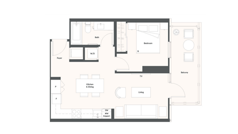 Floor plan for 1 bed, 1 bath, 555 sqft